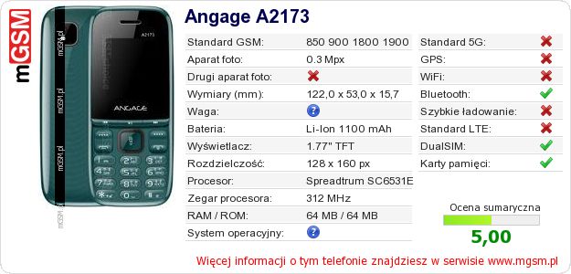 Dane telefonu Angage A2173