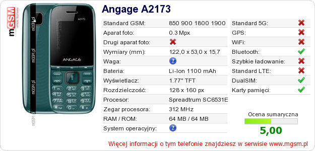 Dane telefonu Angage A2173