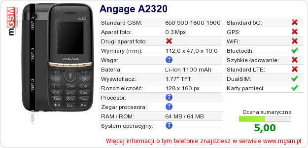Dane telefonu Angage A2320