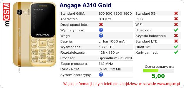 Dane telefonu Angage A310 Gold Dane telefonu Angage A310 Gold