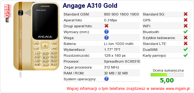 Dane telefonu Angage A310 Gold