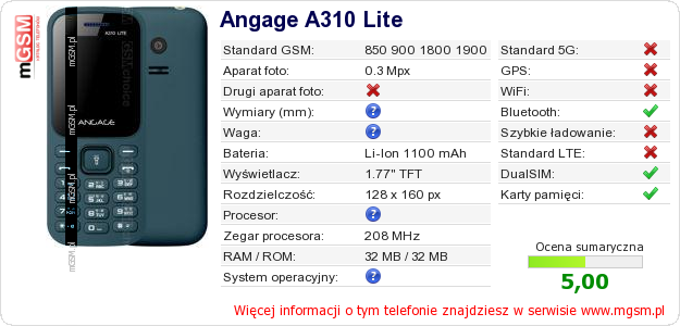 Dane telefonu Angage A310 Lite