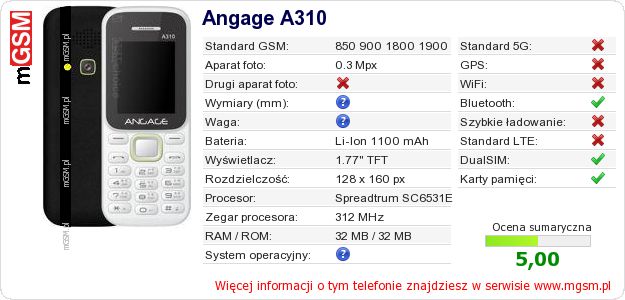 Dane telefonu Angage A310