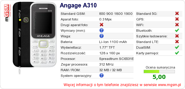 Dane telefonu Angage A310