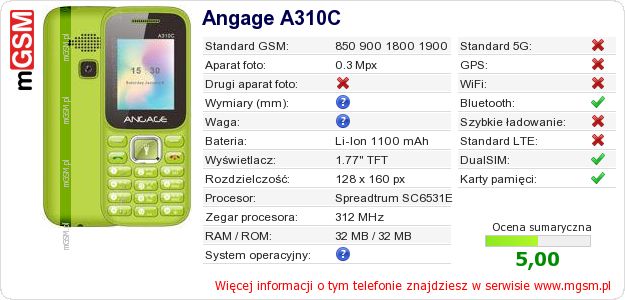 Dane telefonu Angage A310C