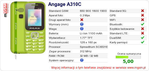 Dane telefonu Angage A310C