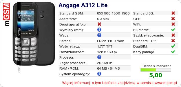 Dane telefonu Angage A312 Lite