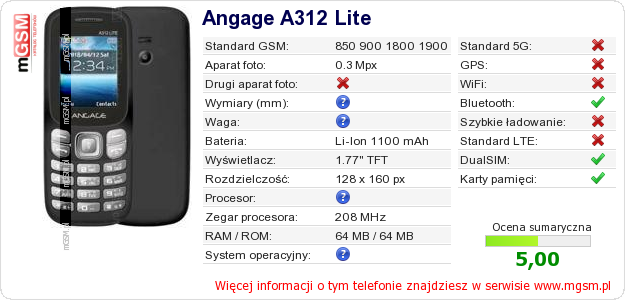 Dane telefonu Angage A312 Lite