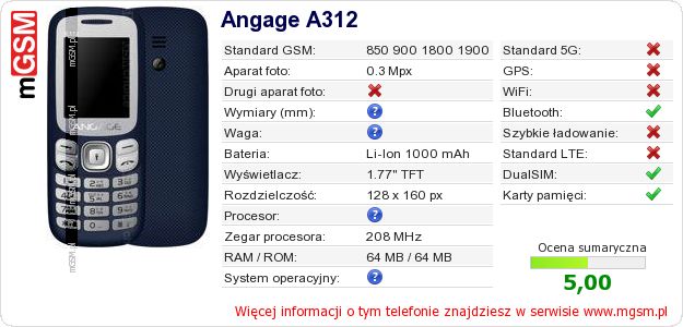 Dane telefonu Angage A312