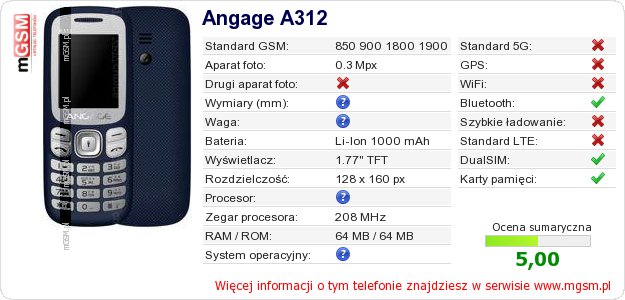 Dane telefonu Angage A312