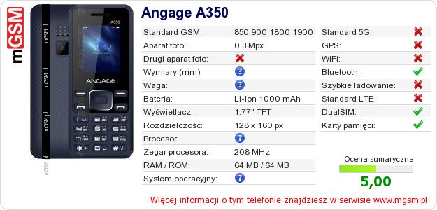 Dane telefonu Angage A350 Dane telefonu Angage A350
