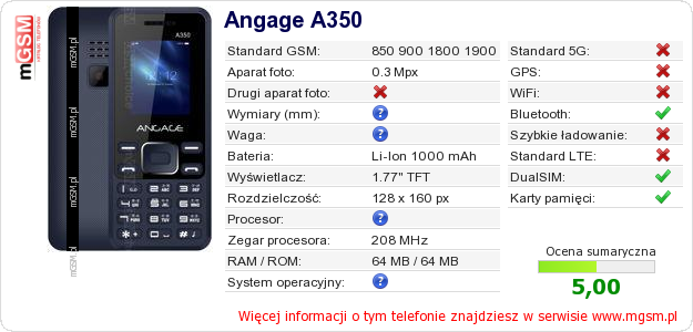 Dane telefonu Angage A350