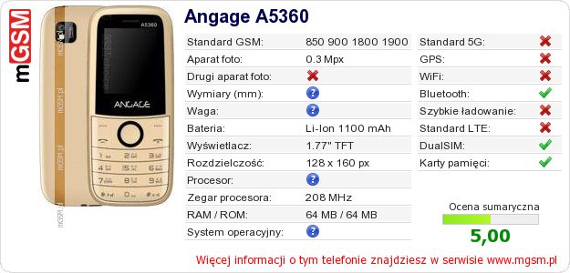 Dane telefonu Angage A5360