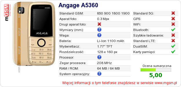 Dane telefonu Angage A5360