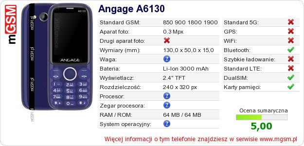 Dane telefonu Angage A6130 Dane telefonu Angage A6130