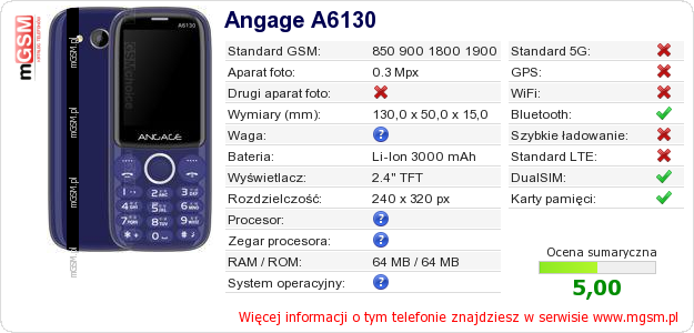 Dane telefonu Angage A6130 Dane telefonu Angage A6130