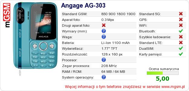 Dane telefonu Angage AG-303