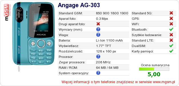 Dane telefonu Angage AG-303 Dane telefonu Angage AG-303