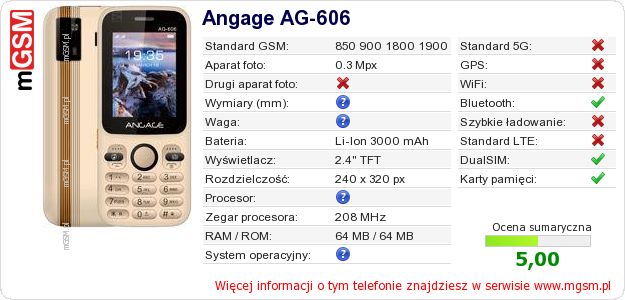 Dane telefonu Angage AG-606 Dane telefonu Angage AG-606