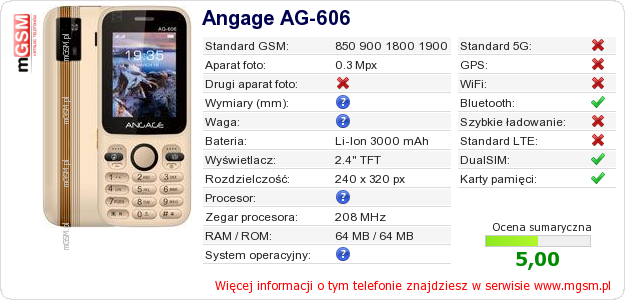 Dane telefonu Angage AG-606
