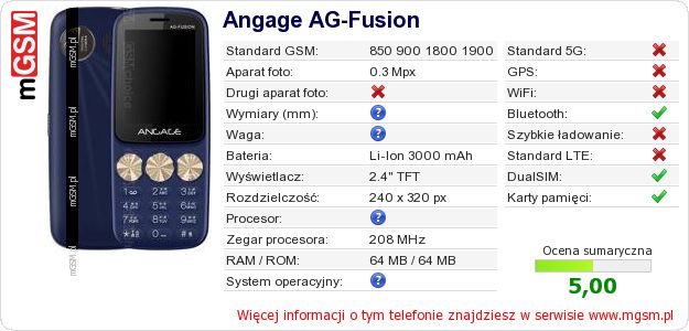 Dane telefonu Angage AG-Fusion Dane telefonu Angage AG-Fusion