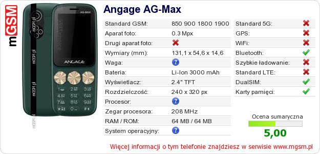 Dane telefonu Angage AG-Max