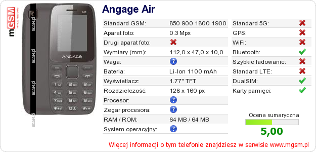 Dane telefonu Angage Air