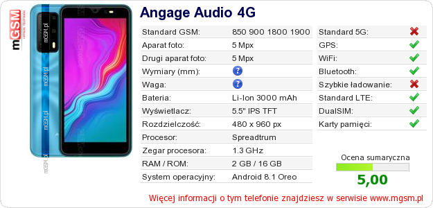 Dane telefonu Angage Audio 4G