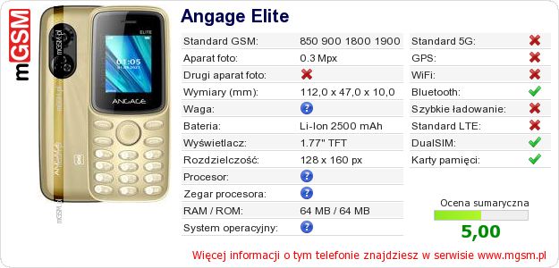 Dane telefonu Angage Elite