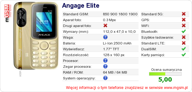 Dane telefonu Angage Elite
