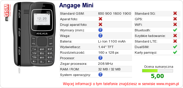 Dane telefonu Angage Mini
