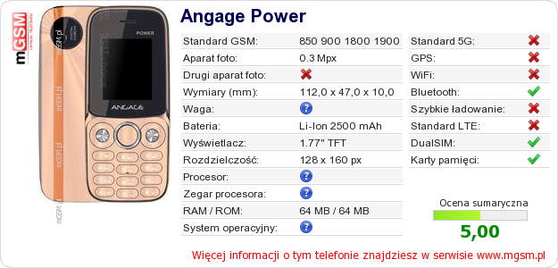 Dane telefonu Angage Power
