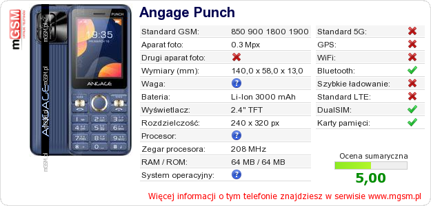 Dane telefonu Angage Punch