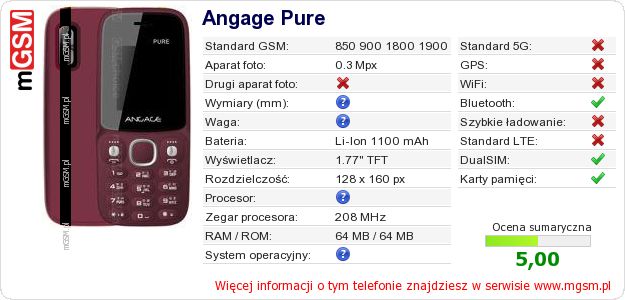 Dane telefonu Angage Pure