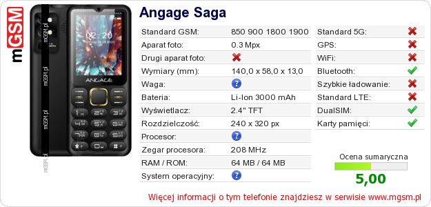 Dane telefonu Angage Saga