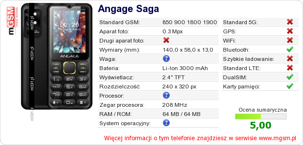 Dane telefonu Angage Saga