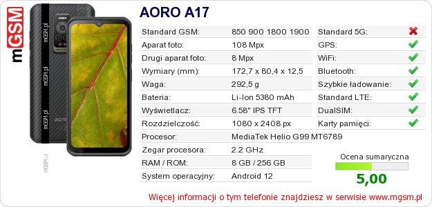 Dane telefonu AORO A17 Dane telefonu AORO A17