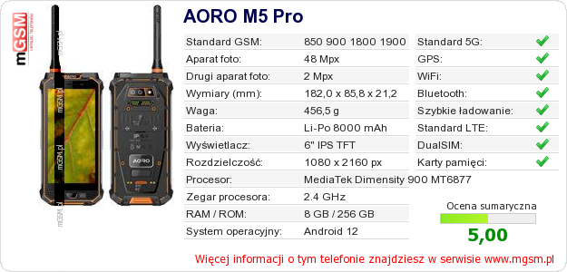 Dane telefonu AORO M5 Pro Dane telefonu AORO M5 Pro