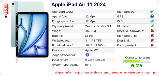 Dane telefonu Apple iPad Air 11 2024