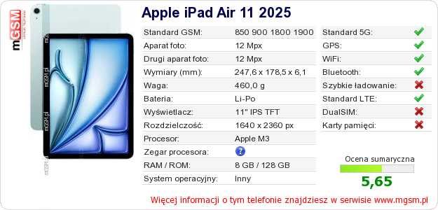 Dane telefonu Apple iPad Air 11 2025