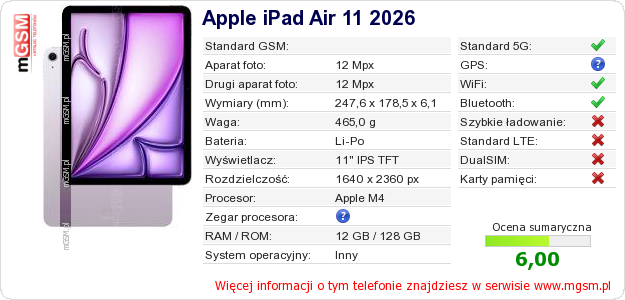 Dane telefonu Apple iPad Air 11 2026