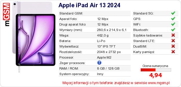 Dane telefonu Apple iPad Air 13 2024