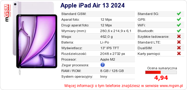 Dane telefonu Apple iPad Air 13 2024