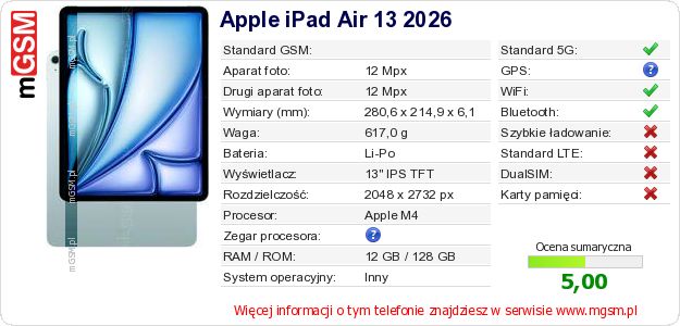 Dane telefonu Apple iPad Air 13 2026