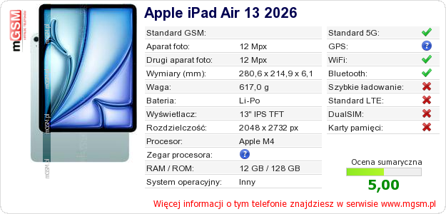 Dane telefonu Apple iPad Air 13 2026