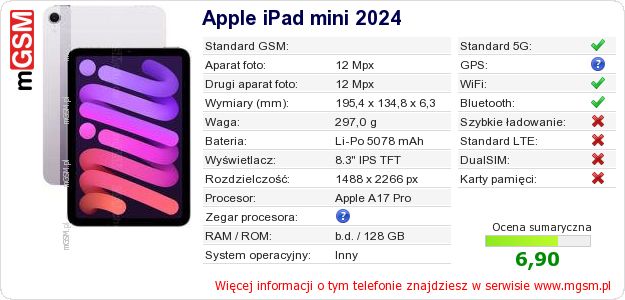 Dane telefonu Apple iPad mini 2024