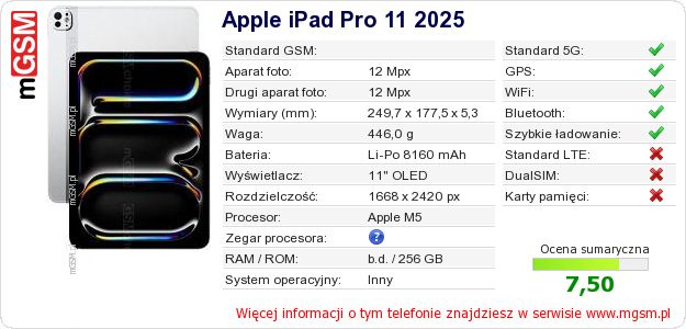 Dane telefonu Apple iPad Pro 11 2025 Dane telefonu Apple iPad Pro 11 2025