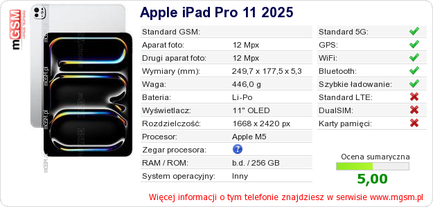 Dane telefonu Apple iPad Pro 11 2025