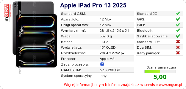 Dane telefonu Apple iPad Pro 13 2025