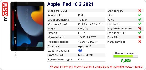 Dane telefonu Apple iPad 10.2 2021
